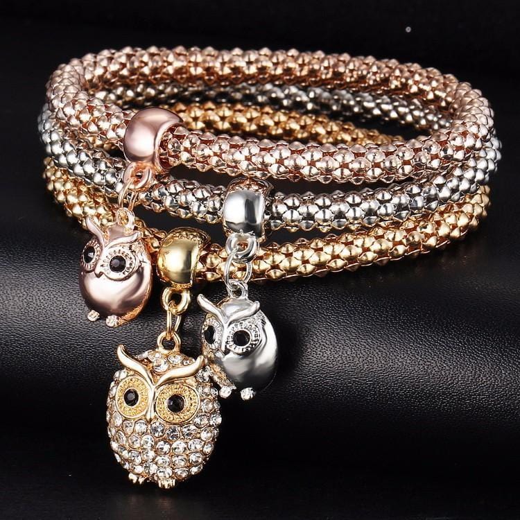 Charm Bracelets 3 Pcs Set Crystal Owl/Crown/Elephant Charm Bracelet - DiyosWorld